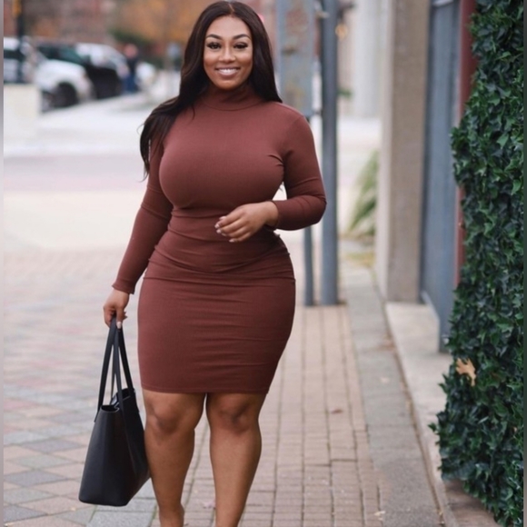 Bodycon Midi Dress Longsleeve Brown - Picture 4 of 8